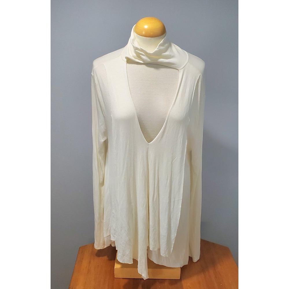 Free People Top Uptown Turtleneck Womens M Asymmetrical Top Ribbed Cutout Cream - Picture 5 of 7